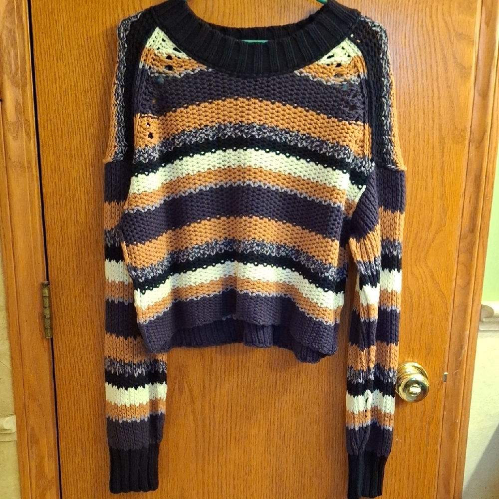 Free People Off-the-Shoulder Blue and Orange Sweater